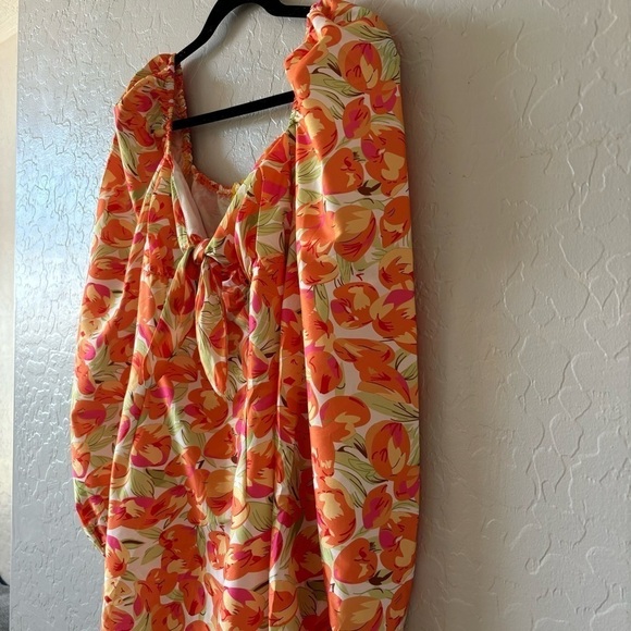 Cider Orange Floral Long Puff Sleeve Tie Front Mini Dress Resort Vacation Size S - Picture 8 of 12